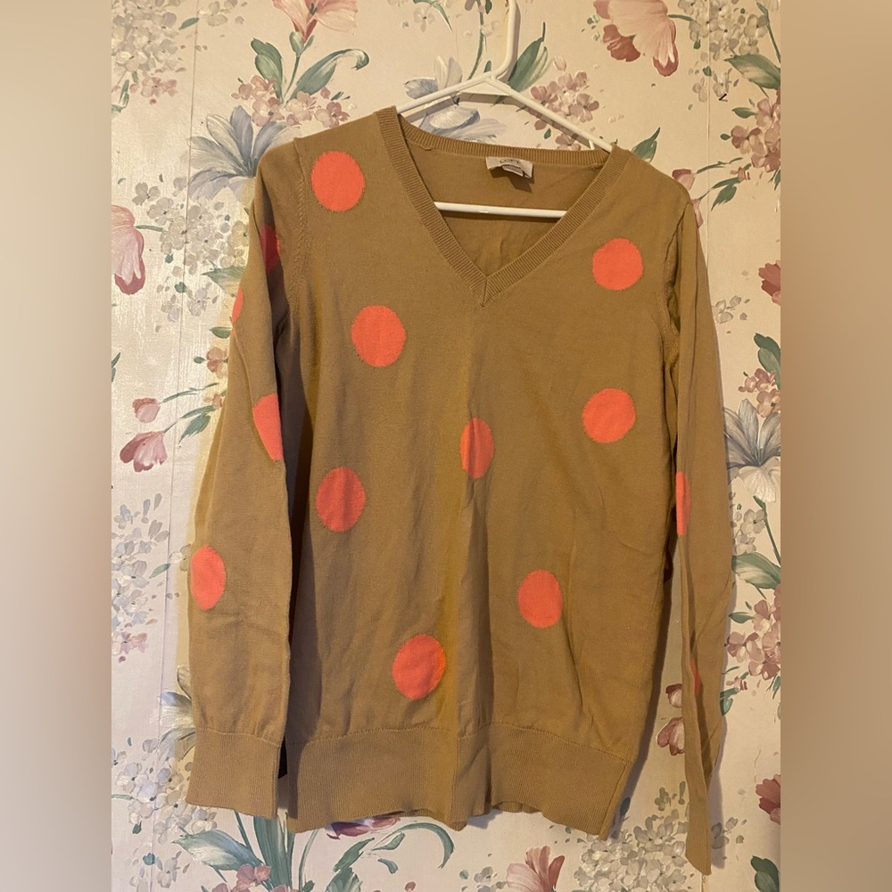 LOFT | Women's Polka Dot V-neck Sweater Tan Pink Cotton Medium